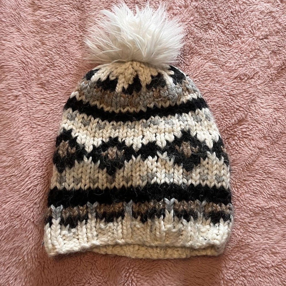 Cozy Knit Pom-Pom Beanie - Black, White, and Brown